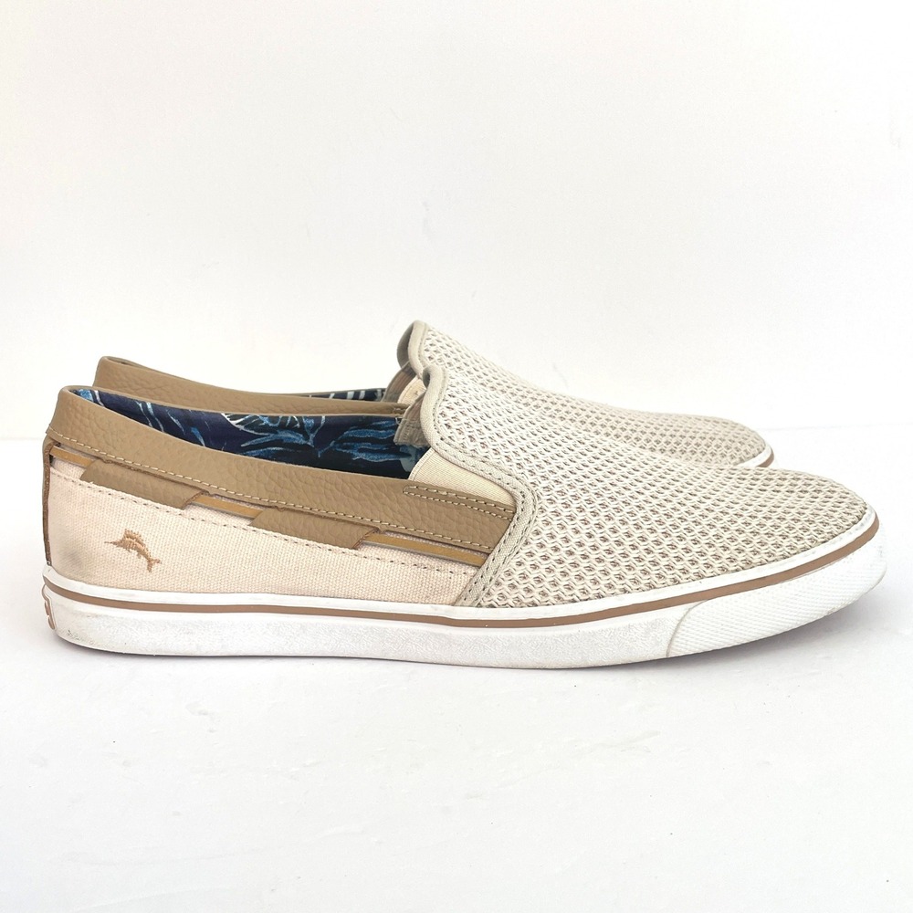 Tommy Bahama Mens Mesh Canvas Slip On Sneakers Tan Beige Loafers Tropical boat